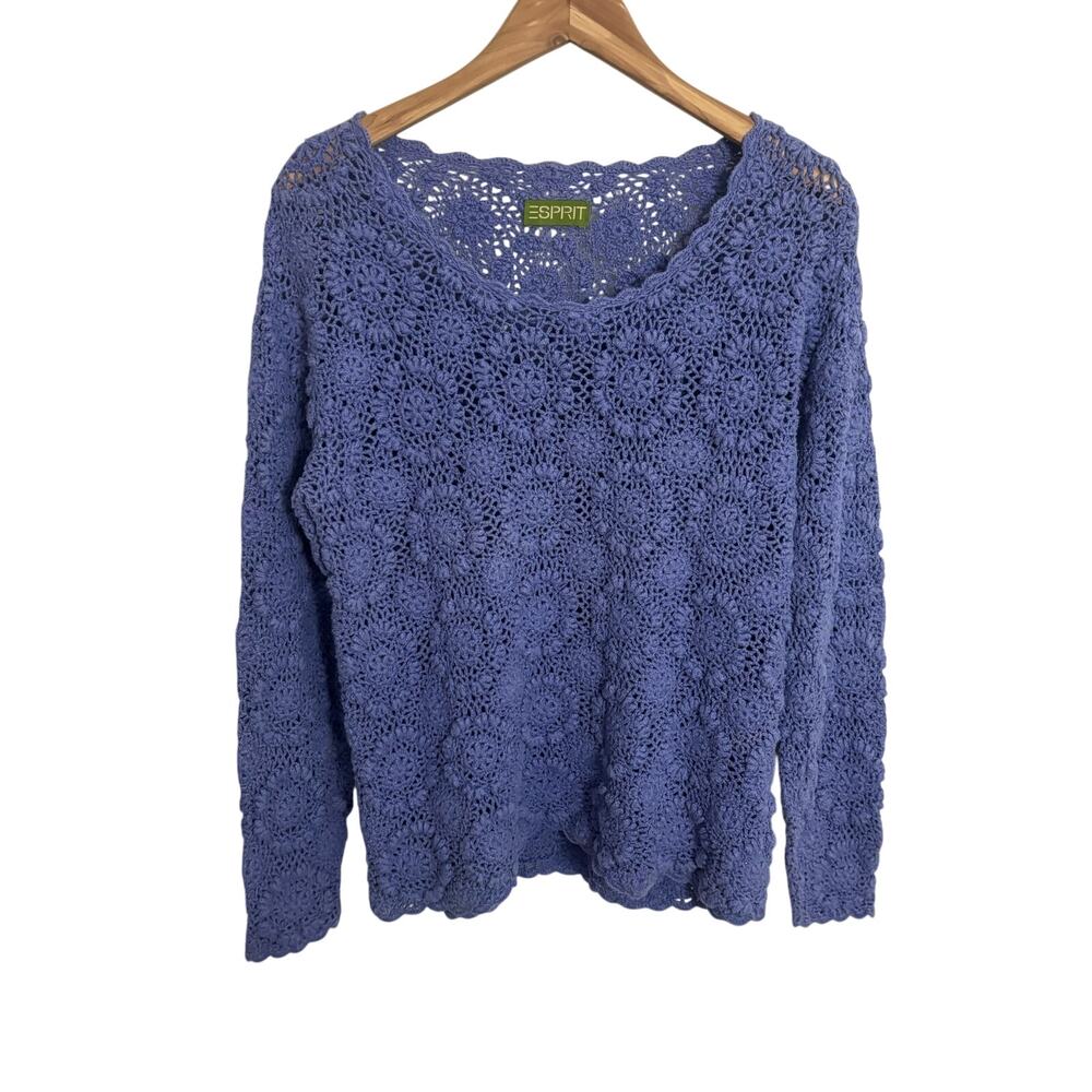 Vintage Esprit Blue Floral Crochet Sweater Open Knit Boho Y2K Pullover